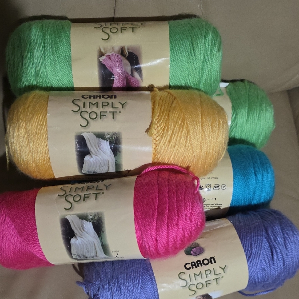 Caron Simply Soft Yarn Bundle - Green, Yellow, Pink, Blue, Purple